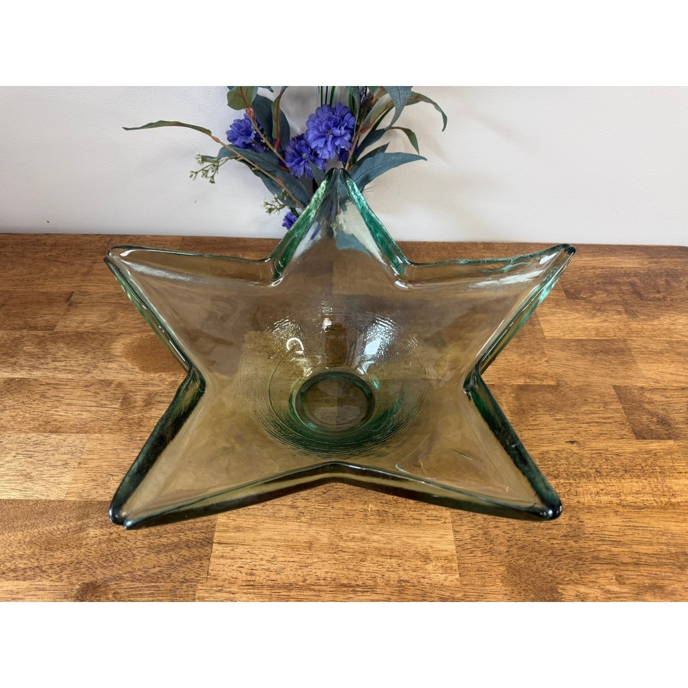 Vintage Large Star Shaped Art Glass Bowl Green Rim Centrepiece MCM Decor